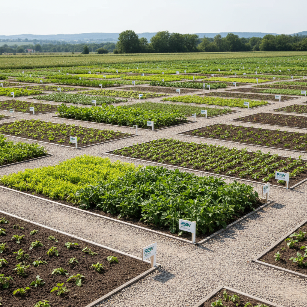 An RSN Agri-branded field trial area consisting of multiple small rectangular plots of different crop varieties, each section showing distinct shades of green, plant heights, and canopy density. Low, tidy signposts without readable text mark each plot, aligned precisely along gravel walkways. Captured from a slightly elevated angle at mid-morning under bright, neutral sunlight, the image displays sharp detail in leaves, plot boundaries, and soil texture. The horizon shows a line of distant trees and gentle hills, softly focused to keep attention on the experimentation area. The mood is methodical and innovative, with a clean, organized, photographic realism aesthetic that communicates research, testing, and data-driven agriculture without any human figures.