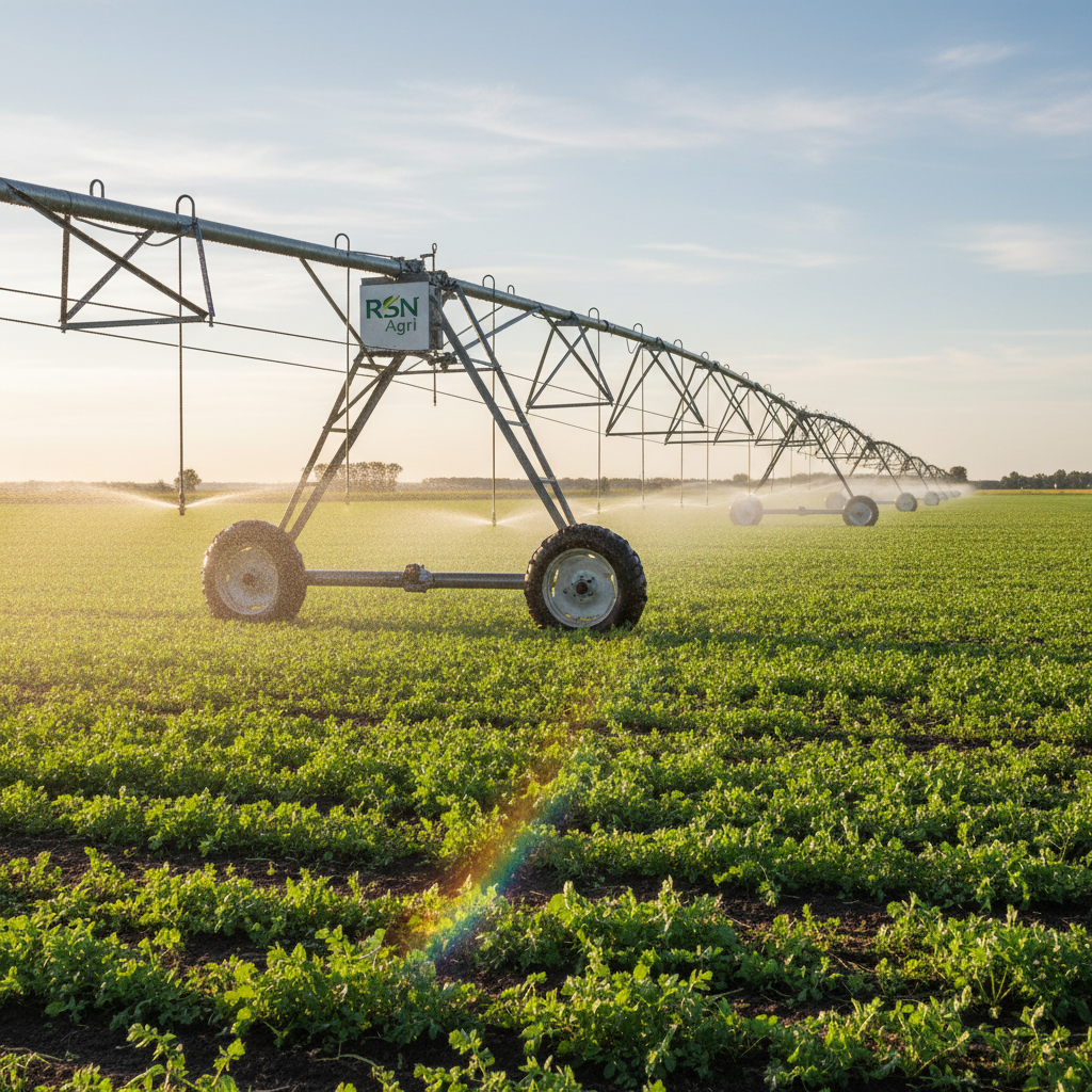 A serene RSN Agri irrigation setup in a large green field, featuring a long, center-pivot irrigation system arcing across the landscape. The metallic structure with its evenly spaced wheels and sprinkler heads glistens with tiny water droplets as fine sprays mist over lush crops below. Warm late-afternoon sunlight filters through the spray, creating a subtle, natural rainbow and soft, dappled highlights on wet leaves and soil. Shot at eye level from a slight diagonal angle, the composition follows the arc of the pivot into the distance, creating depth and perspective. The mood is calm, efficient, and life-giving, rendered in clean photographic realism, showcasing intelligent water management and sustainable agriculture with no people visible.