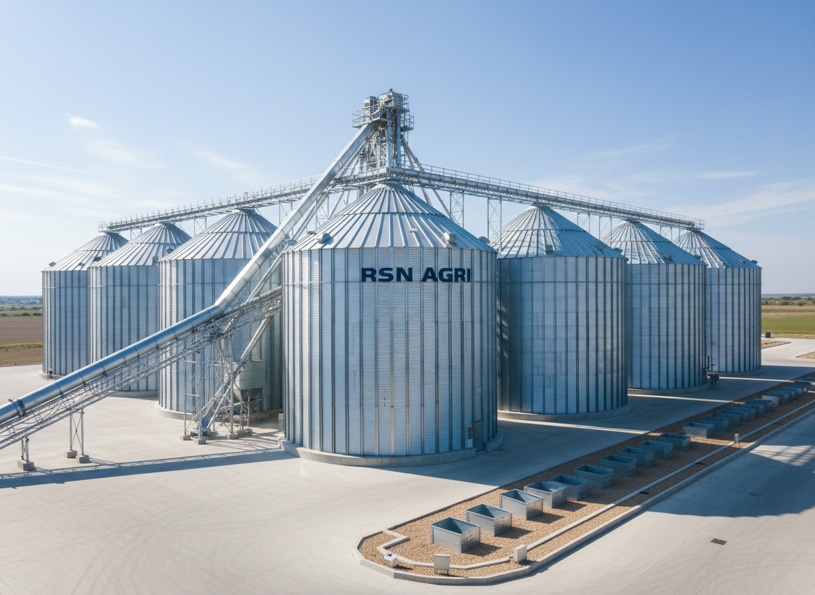 A meticulously organized RSN Agri grain storage facility, featuring a cluster of large, gleaming silver metal silos with ribbed textures and conical roofs, connected by enclosed conveyors and pipes. The silos stand on a clean concrete yard bordered by neatly graded gravel, with labeled storage bins and tidy drainage channels. Bright, clear midday sunlight creates sharp, well-defined shadows and reflective highlights off the metal surfaces, emphasizing structure and engineering quality. Captured in photographic realism from a slightly elevated three-quarter angle, the composition highlights efficiency and capacity. The sky is a crisp, pale blue with minimal clouds, and the atmosphere feels professional, reliable, and robust, representing modern post-harvest agricultural infrastructure with no people visible.