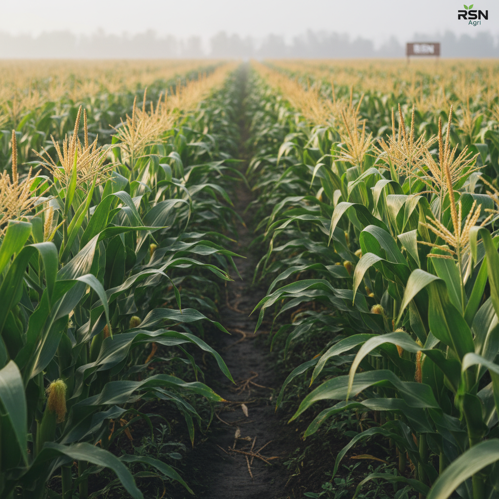 A close-up, eye-level photographic shot of healthy, vibrant corn plants in a professionally managed RSN Agri field, each stalk tall and sturdy with richly textured green leaves and well-formed golden tassels. The plants stand in perfectly straight rows disappearing into a softly blurred background, indicating large-scale, organized cultivation. Early morning diffused sunlight filters through a light mist, creating subtle highlights along the leaf edges and gentle shadows between rows. The soil appears dark, moist, and fertile, with small clods and organic residue visible. The mood is optimistic and productive, with a clean, modern agricultural aesthetic and a shallow depth of field that keeps the focus on plant health and agronomic precision.