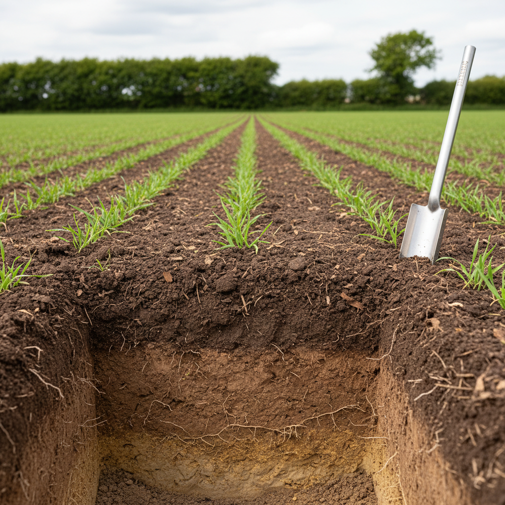 A detailed close-up of an RSN Agri soil test plot, showing a cross-section trench in rich, dark loam soil with clearly layered horizons, fine root structures, and small organic fragments. At the surface, uniform rows of young cereal plants with bright green, tender leaves emerge from evenly spaced seed placements. A sturdy, unbranded stainless steel soil probe lies on the compacted edge of the trench, its polished surface catching soft, overcast daylight that produces minimal shadows and highly accurate color rendition. The background gently fades into a blurred field and hedgerow, maintaining focus on the soil profile. The mood is analytical and scientific, with a clean, professional, photographic style emphasizing agronomic expertise and soil health, with no humans present.