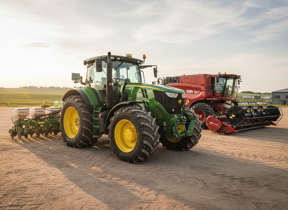 A modern RSN Agri machinery lineup parked on a compacted dirt yard, featuring a large, spotless green and yellow tractor with dual rear wheels, an attached precision planter, and a separate red combine harvester in the background. The metal surfaces are clean and slightly reflective, with visible hydraulic lines, control panels, and high-traction tires showing realistic tread texture and traces of dry soil. Warm golden hour sunlight from the side creates dramatic highlights along the machinery edges and soft shadows on the ground. The camera is positioned at a low, three-quarter angle to emphasize scale and strength, with a moderate depth of field keeping all equipment sharp. The mood is professional and ready for work, conveying advanced, well-maintained agricultural technology in photographic realism.